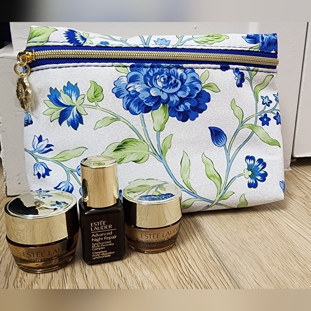 Estee Lauder Floral Cosmetic Bag with 3 Pcs Skincare Mini Gift Revitalizing Set